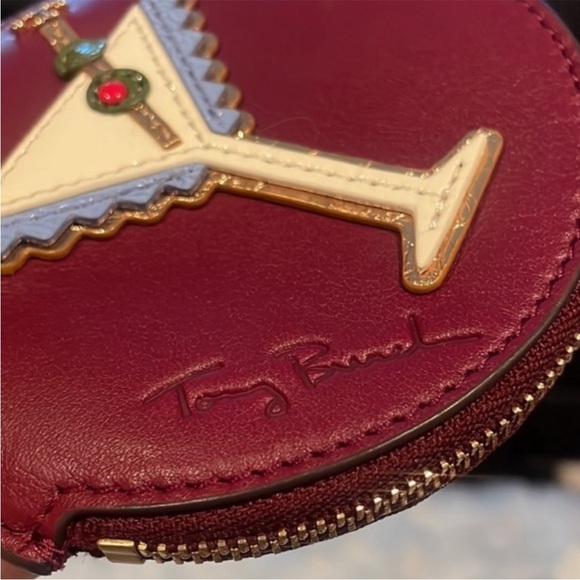 Authentic Tory Burch NWOT Leather Maroon Martini Glass Key Coin Pouch Bag Charm - Picture 3 of 7